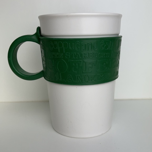 Starbucks 2008 Coffee Tea Ceramic Mug Cup Green Silicone Rubber Handle Band 12oz - Picture 1 of 6